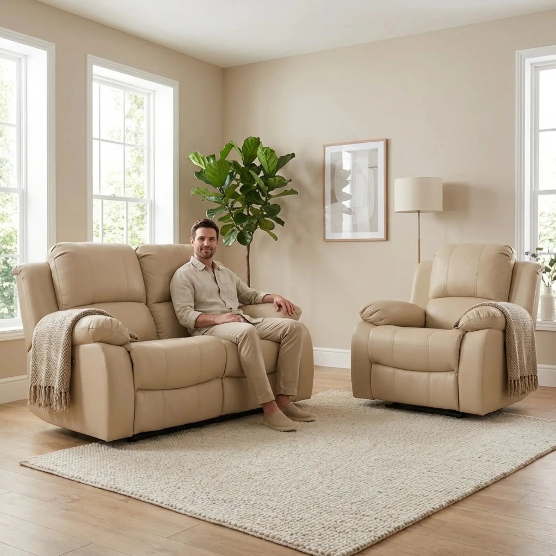Valencia Cream Leather Electric Recliner 2+1 Sofa Set - Furniture Instore