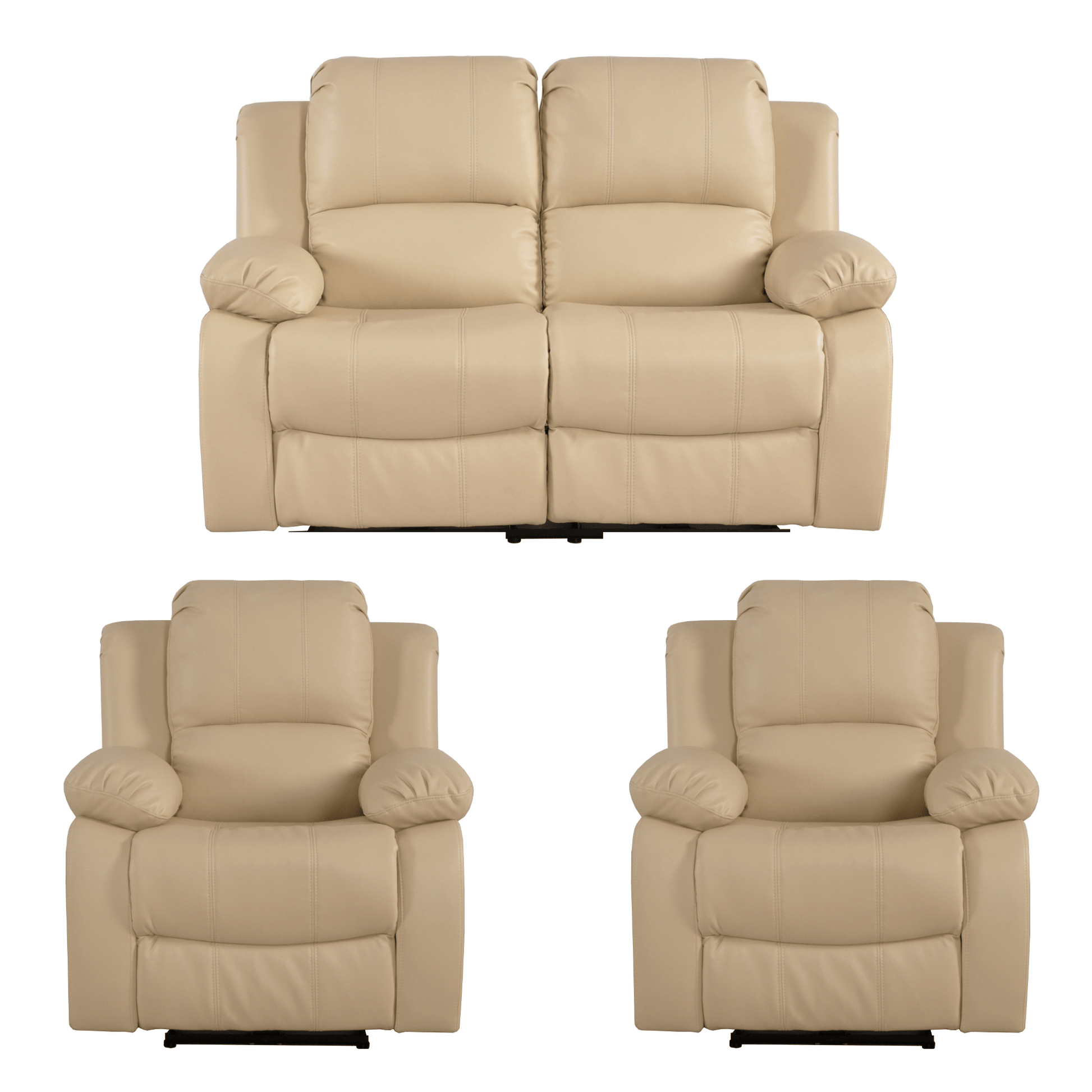 Beige recliner sofa set with two armchairs on a white background