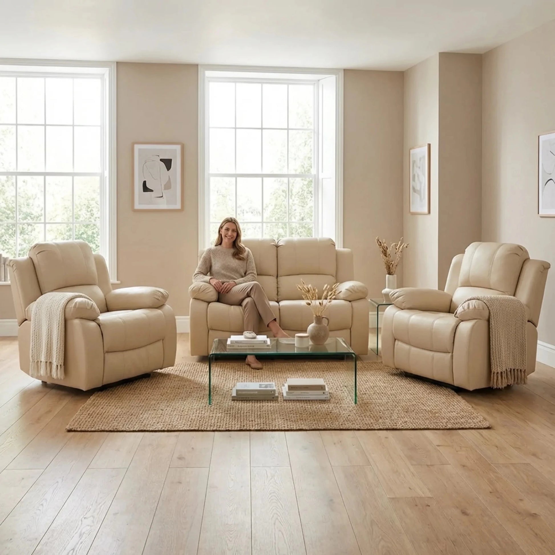 Valencia Cream Leather Electric Recliner 2+1+1 Sofa Set - Furniture Instore
