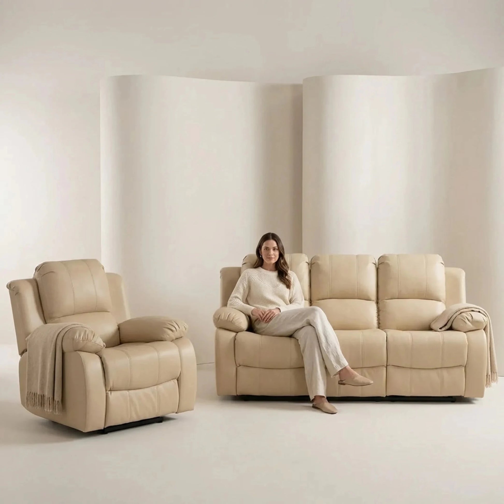 Valencia Cream Leather Electric Recliner 3+1 Sofa Set - Furniture Instore