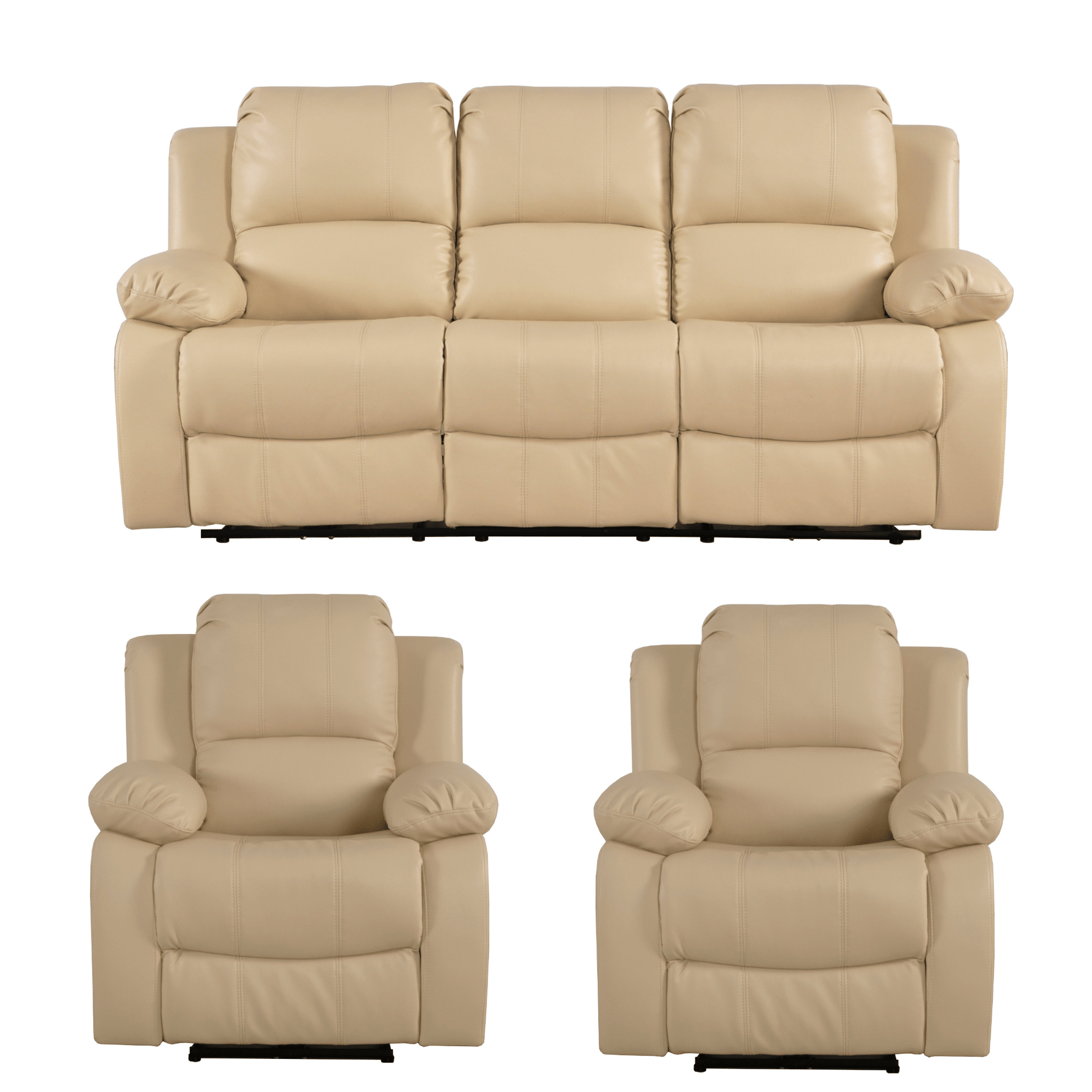 Beige leather sofa set with two recliner chairs on a white background