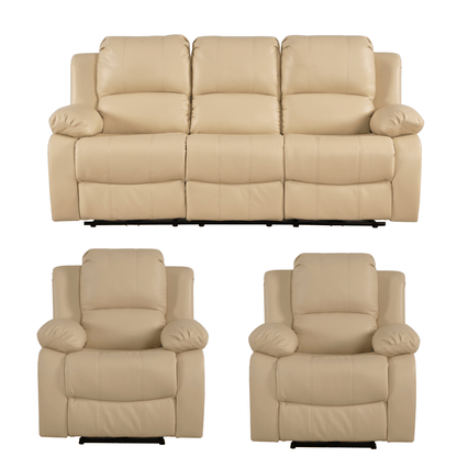 Beige leather sofa set with two recliner chairs on a white background