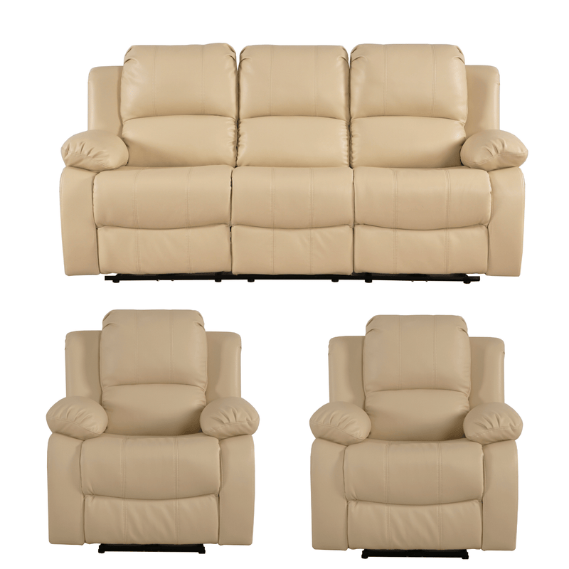 Beige leather sofa set with two recliner chairs on a white background