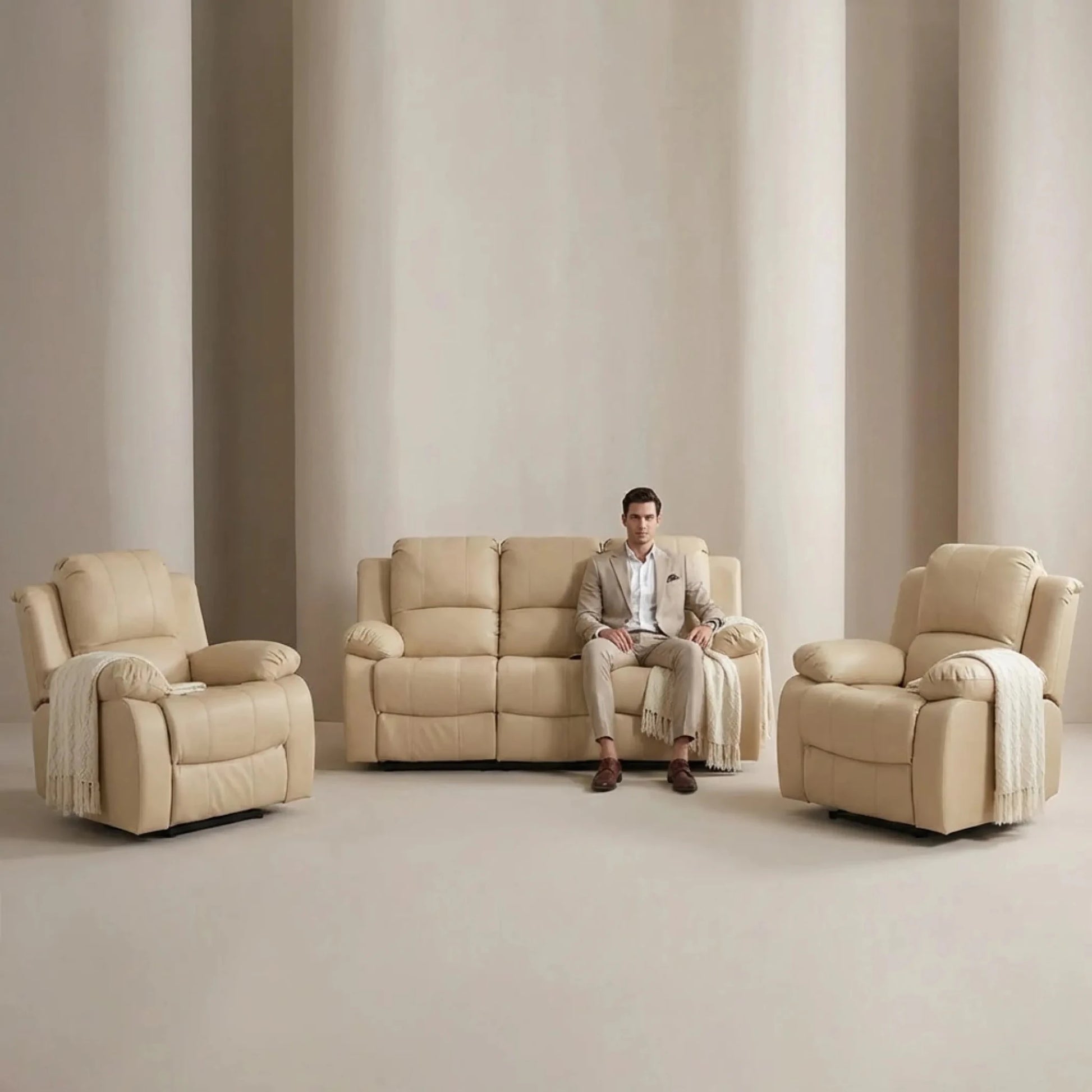 Valencia Cream Leather Electric Recliner 3+1+1 Sofa Set - Furniture Instore