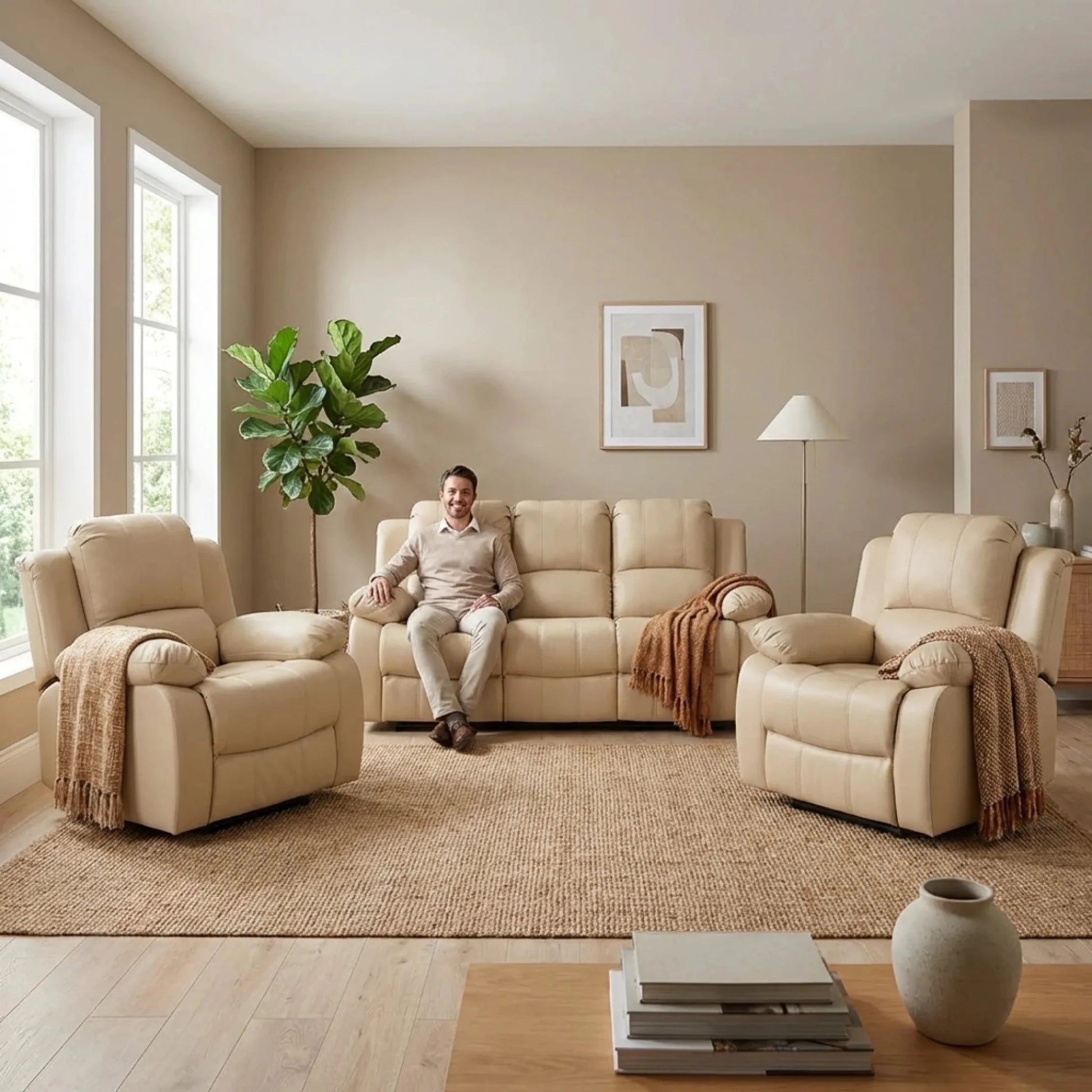 Valencia Cream Leather Electric Recliner 3+1+1 Sofa Set - Furniture Instore