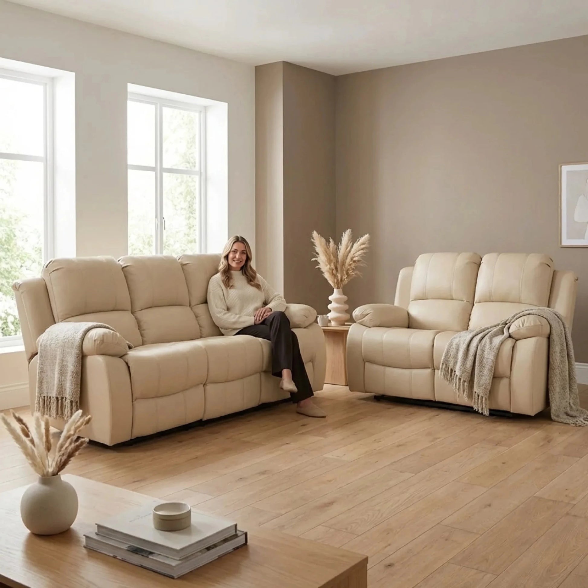 Valencia Cream Leather Electric Recliner 3+2 Sofa Set - Furniture Instore