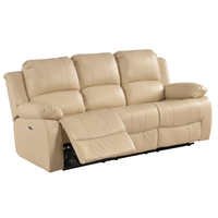 Beige leather sofa with reclining feature on a white background