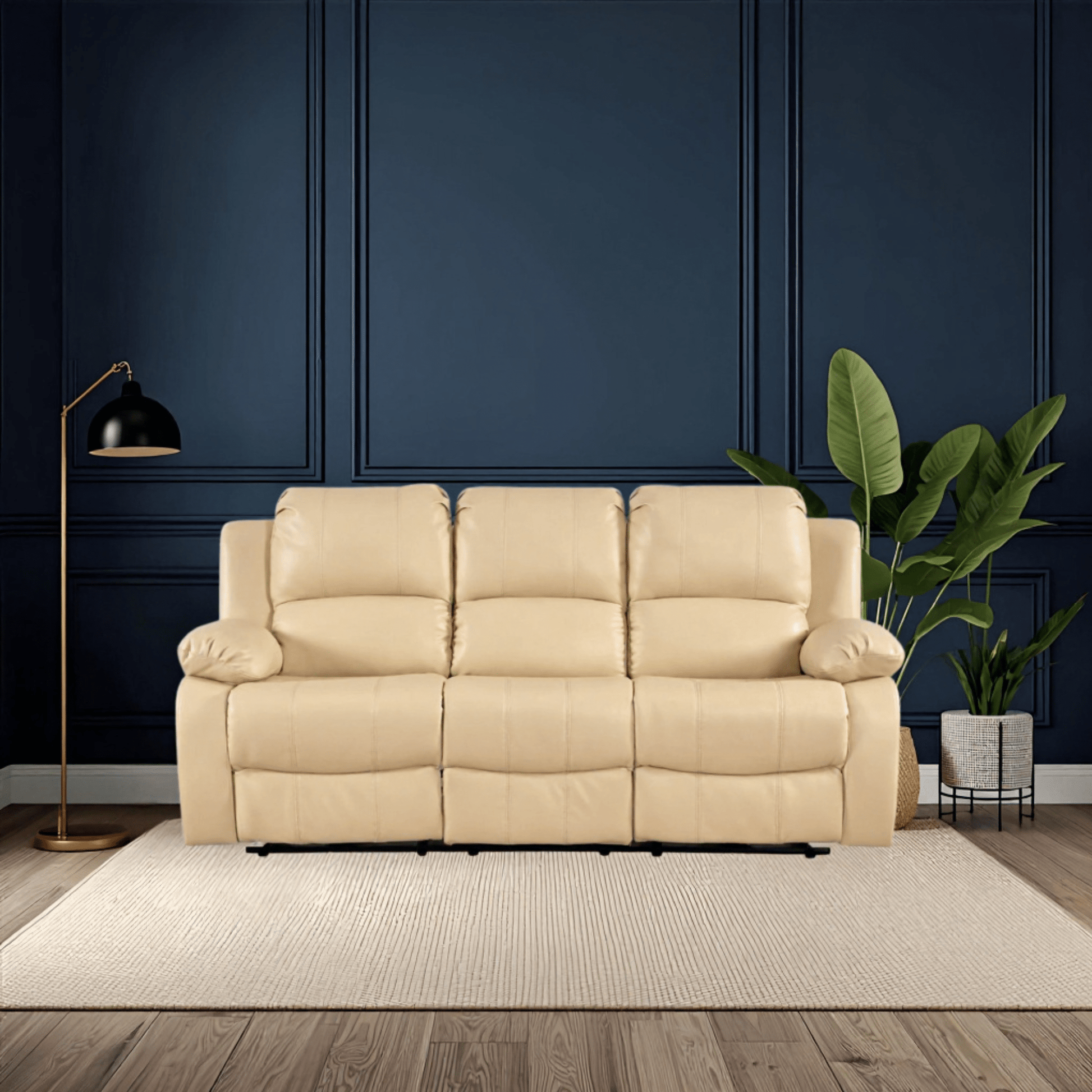 Beige sofa in a room with dark blue paneled walls, a floor lamp, and a plant.