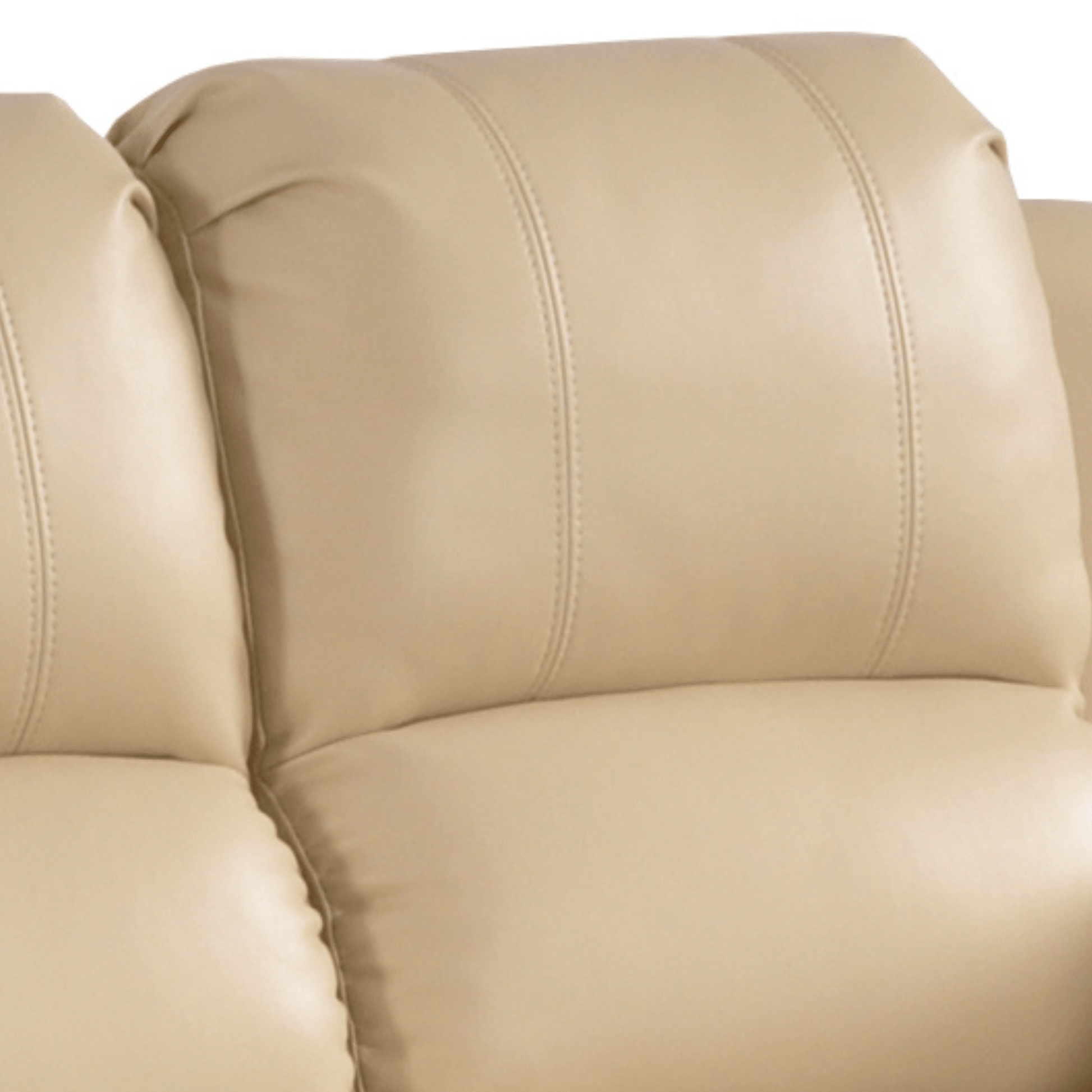 Close-up of a beige leather sofa with a white background
