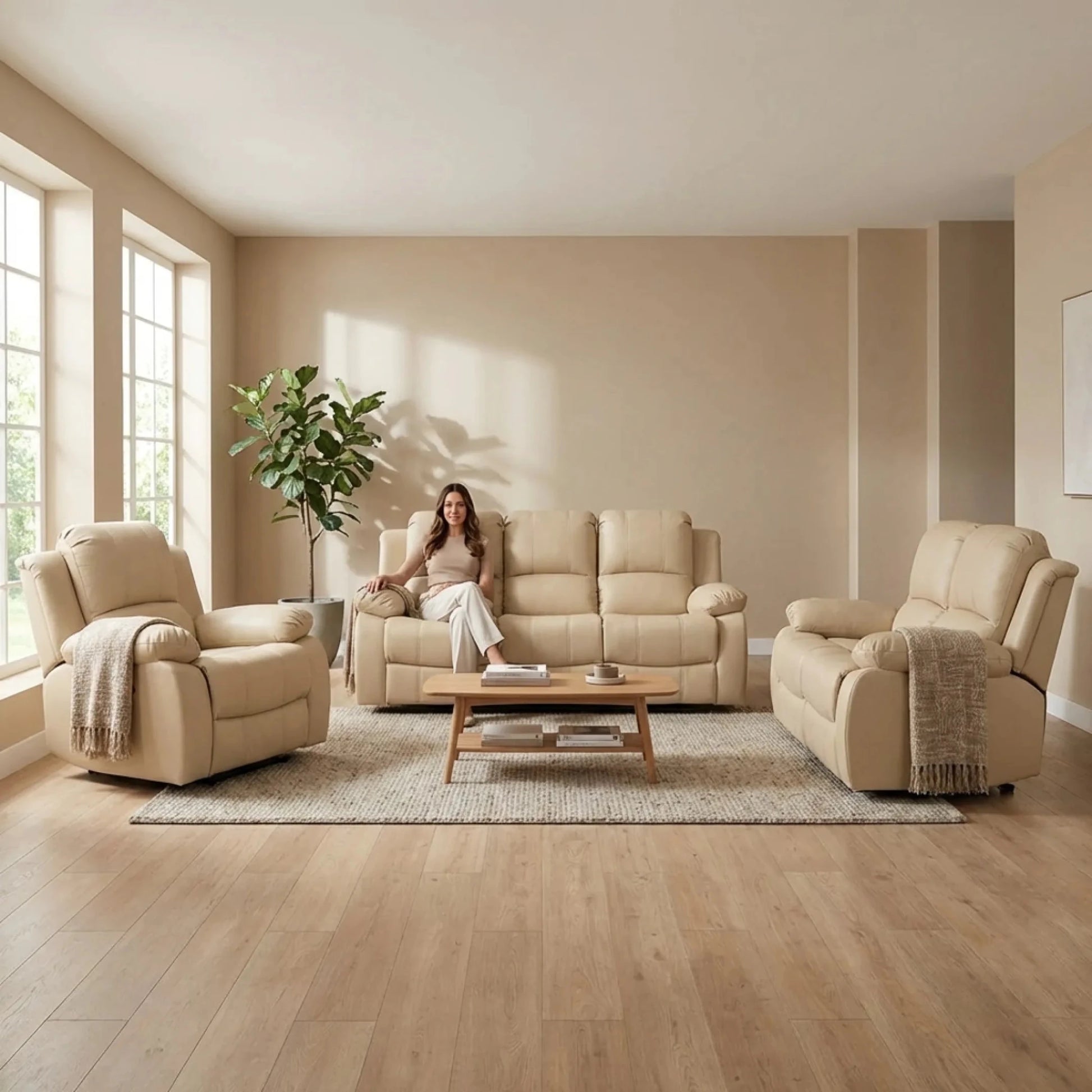 Valencia Cream Leather Electric Recliner 3+2+1 Sofa Set - Furniture Instore