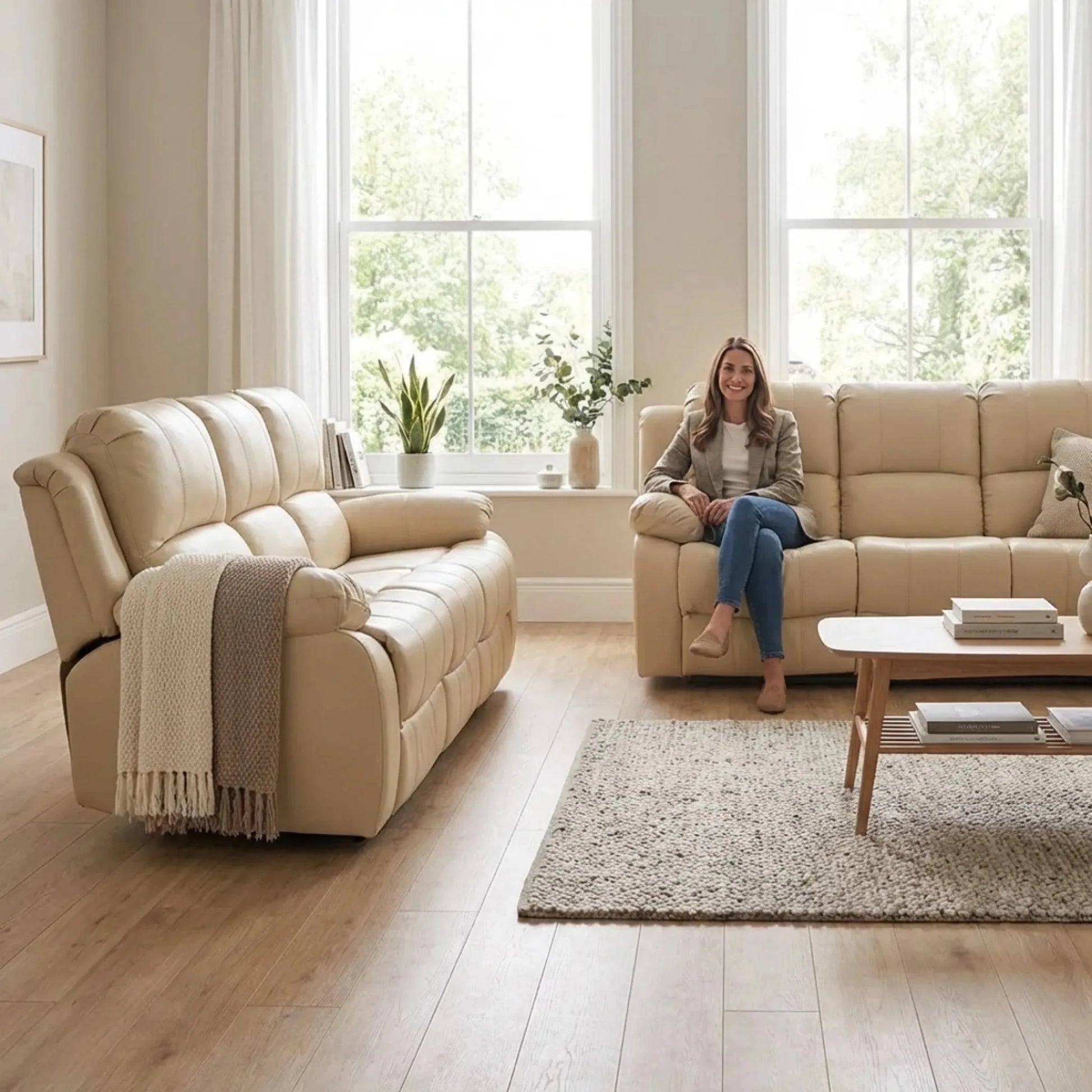 Valencia Cream Leather Electric Recliner 3+3 Sofa Set - Furniture Instore