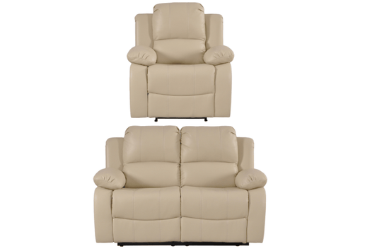 Cream leather manual recliner sofa set – 2+1 configuration with two seater sofa and single seater armchair on white background, classic cream leather recliner 2+1 living room furniture
