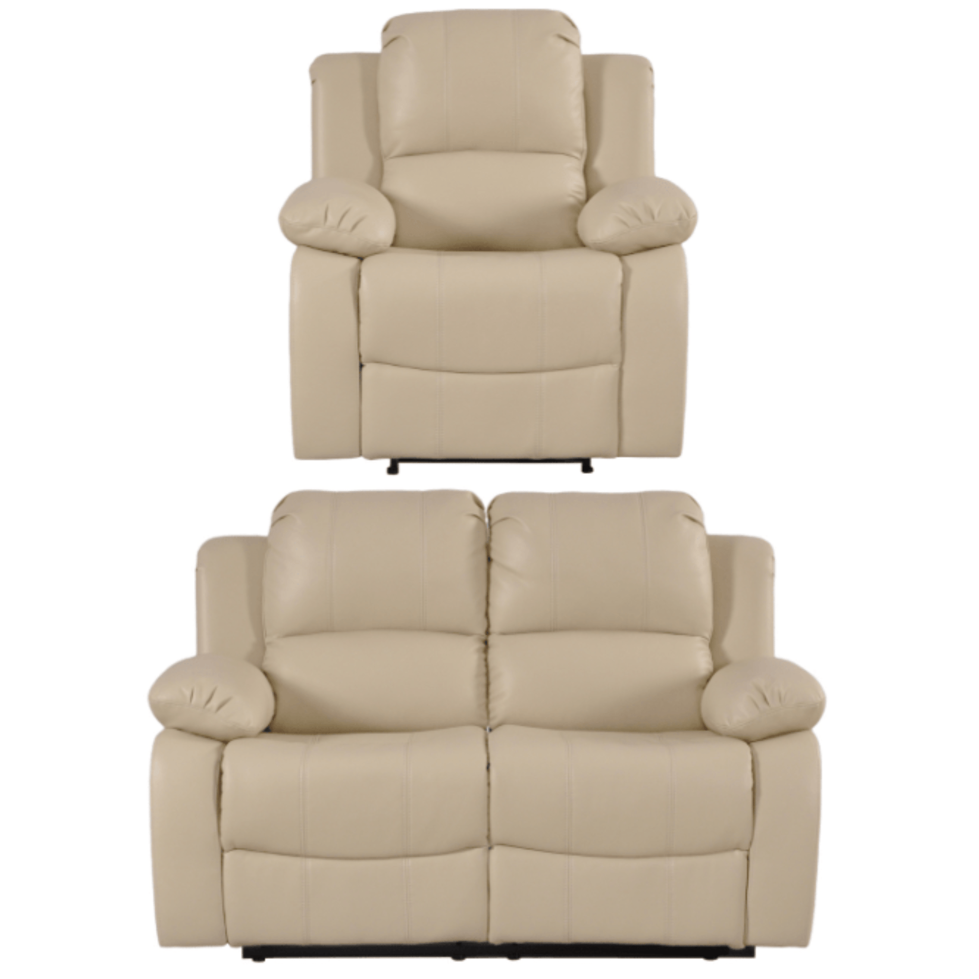 Beige recliner chair and loveseat set on a white background