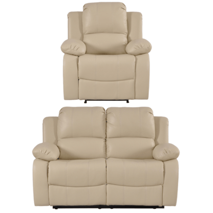Beige recliner chair and loveseat set on a white background