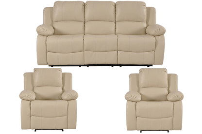 Cream leather recliner sofa set – 3+1+1 configuration with three seater sofa and two single seater armchairs on white background, modern cream leather recliner 3+1+1 living room furniture