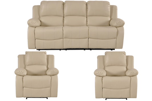 Cream leather recliner sofa set – 3+1+1 configuration with three seater sofa and two single seater armchairs on white background, modern cream leather recliner 3+1+1 living room furniture