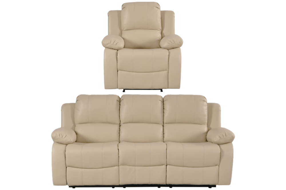 Cream leather manual recliner sofa set – 3+1 configuration with three seater sofa and single seater armchair on white background, classic cream leather recliner 3+1 living room furniture