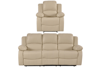 Cream leather manual recliner sofa set – 3+1 configuration with three seater sofa and single seater armchair on white background, classic cream leather recliner 3+1 living room furniture