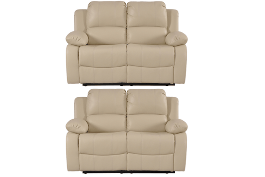 Cream leather manual recliner sofa set – 3+2 configuration with three seater and two seater recliner sofas on white background, classic cream leather recliner 3+2 living room furniture