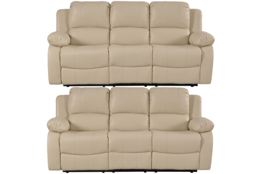 Cream leather manual recliner sofa set – 3+3 configuration with two three seater recliner sofas on white background, classic cream leather recliner 3+3 living room furniture