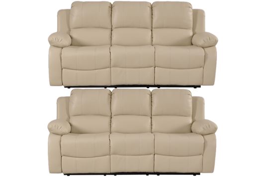 Cream leather manual recliner sofa set – 3+3 configuration with two three seater recliner sofas on white background, classic cream leather recliner 3+3 living room furniture