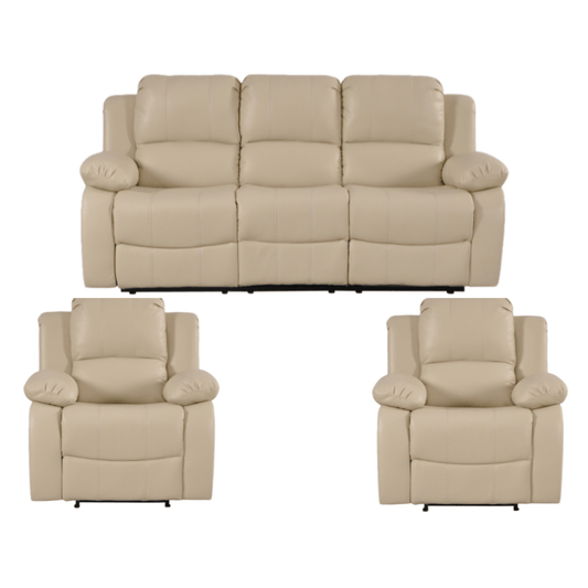 Beige leather sofa set with two recliner chairs on a white background