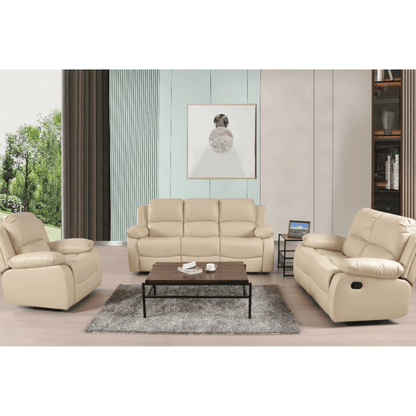 Beige leather sofa set in a living room with a coffee table and decorative items.