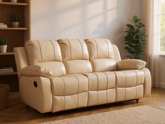 Cream leather recliner 3 seater sofa in modern living room – stylish and comfortable three seater leather reclining sofa for contemporary home interiors