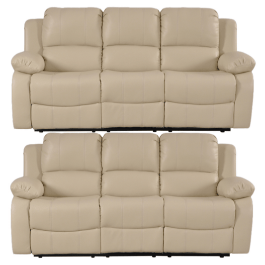Two beige reclining sofas on a white background