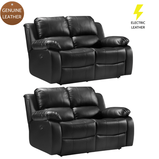 Two black leather recliners with 'Genuine Leather' and 'Electric Leather' labels on a white background.