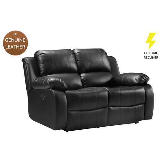 Black leather recliner sofa with 'Genuine Leather' and 'Electric Recliner' labels on a white background.