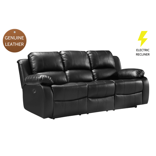 Black leather recliner sofa with 'Genuine Leather' and 'Electric Recliner' labels on a white background.