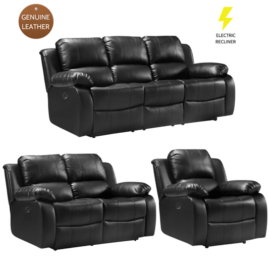 Black leather recliner sofa set with electric recliner feature on a white background