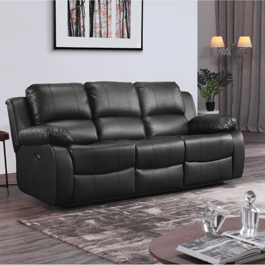 Black leather sofa in a living room setting with a coffee table and decorative items.