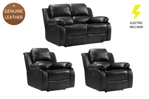 Valencia Genuine Black Leather 2+1+1 Seater Electric Power Recliner Sofa Set