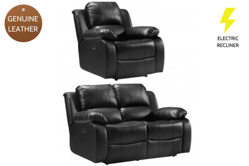 Valencia Genuine Black Leather 2+1 Seater Electric Power Recliner Sofa Set