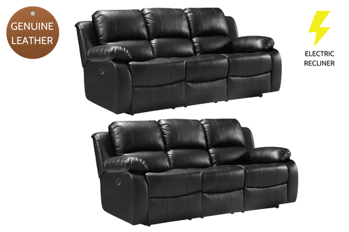 Valencia Genuine Black Leather 3+3 Seater Electric Power Recliner Sofa Set