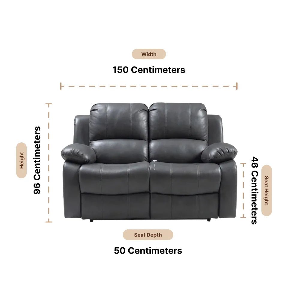 Valencia Grey Leather 2 Seater Manual Recliner Sofa — Dimension diagram