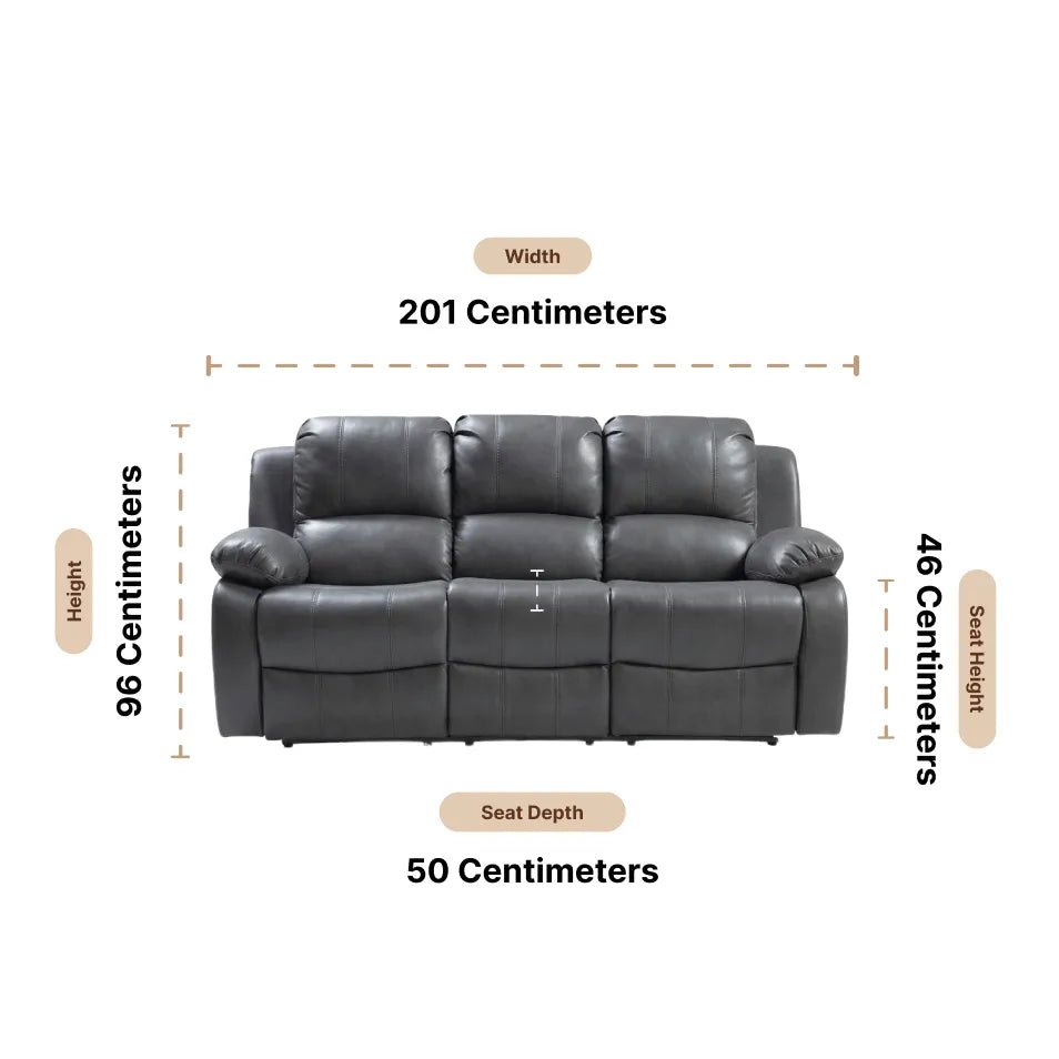 Valencia Grey Leather 3 Seater Manual Recliner Sofa — Dimension diagram
