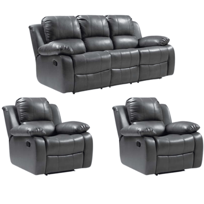 Gray leather sofa set with two matching recliners on a white background