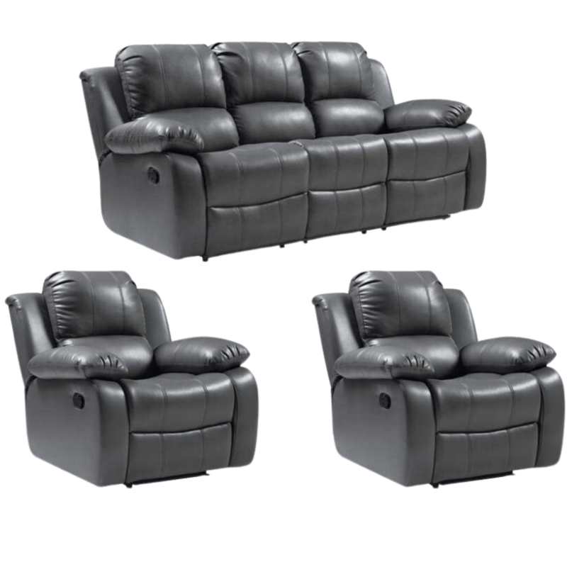 Gray leather sofa set with two matching recliners on a white background