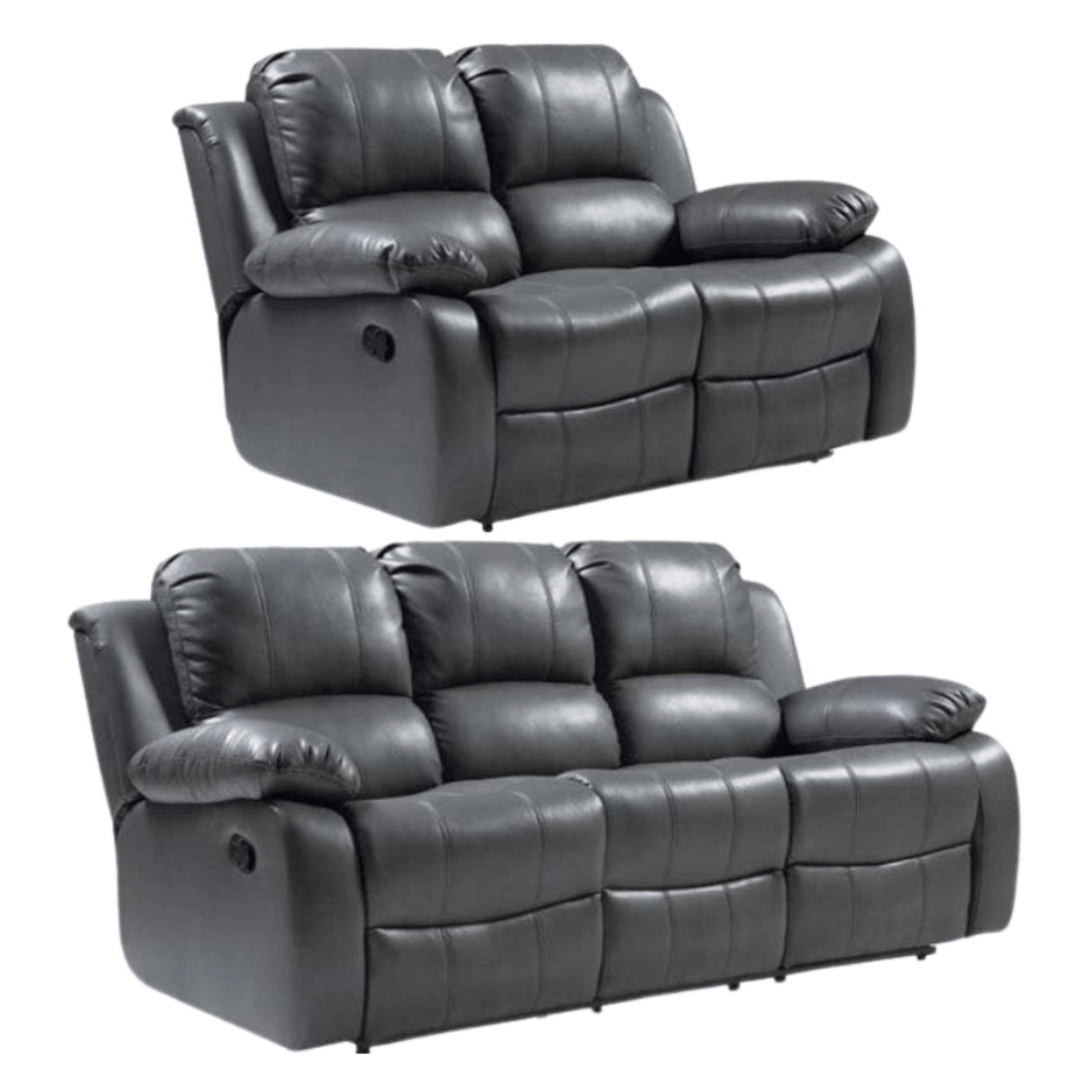 Two grey reclining sofas on a white background