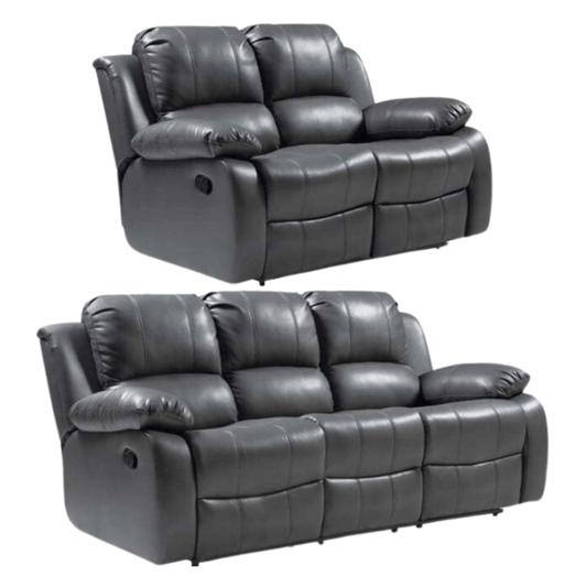 Two grey reclining sofas on a white background