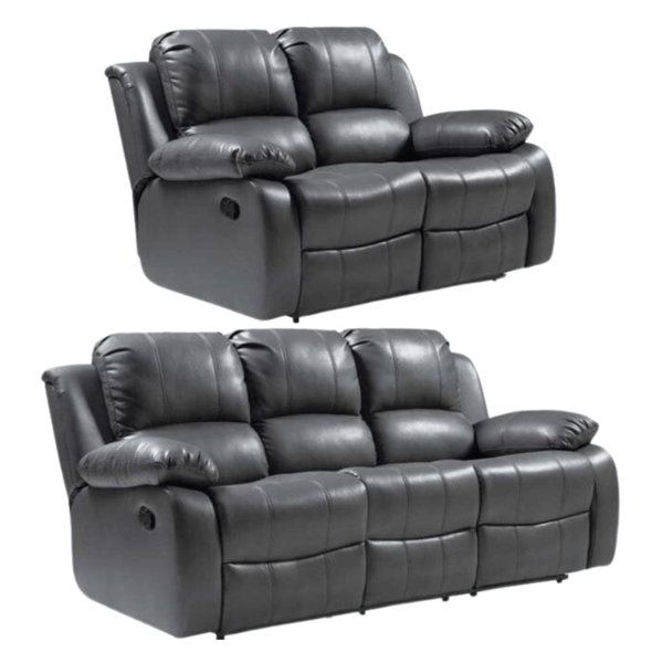 Two grey reclining sofas on a white background