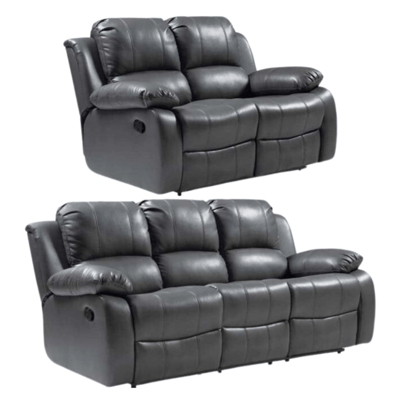 Two grey reclining sofas on a white background