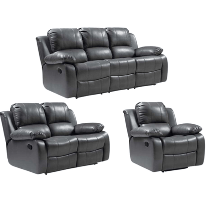 Gray leather reclining sofa set on a white background