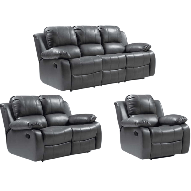 Gray leather reclining sofa set on a white background