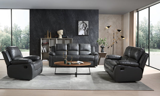 Modern living room with black leather recliner sofa set and coffee table.