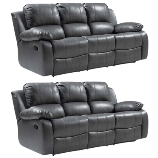 Two gray reclining sofas on a white background