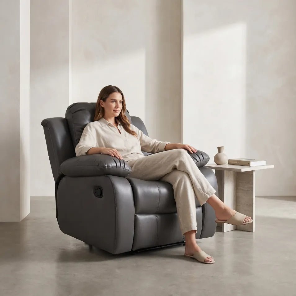 Valencia Grey Leather Manual Recliner Armchair - view 2 - Furniture Instore